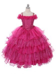 Fuchsia Organza Lace Up Pageant Gowns For Girls Sleeveless Floor Length Ruffles and Ruffled Layers