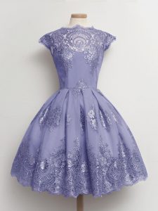 Dazzling Lavender A-line Lace Vestidos de Damas Lace Up Tulle Cap Sleeves Knee Length