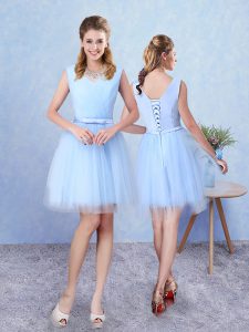 V-neck Sleeveless Lace Up Quinceanera Court of Honor Dress Aqua Blue Tulle