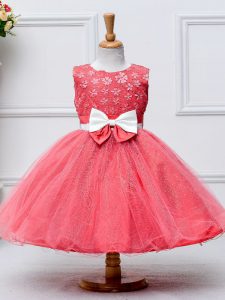 Glamorous Tulle Scoop Sleeveless Zipper Lace and Bowknot Flower Girl Dresses in Coral Red