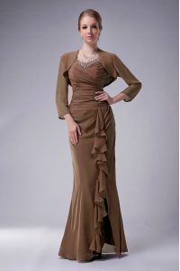 Lovely Floor Length Zipper Mother of the Bride Dress Brown for Prom and Party with Beading