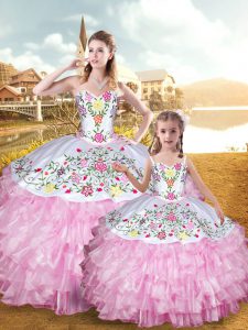Perfect Rose Pink Sweetheart Neckline Embroidery and Ruffled Layers Ball Gown Prom Dress Sleeveless Lace Up