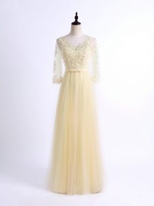 Chic Half Sleeves Floor Length Lace Lace Up Dama Dress with Light Yellow