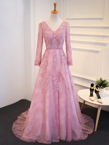 Glorious Long Sleeves Tulle Brush Train Lace Up Mother of Groom Dress in Pink with Lace and Appliques