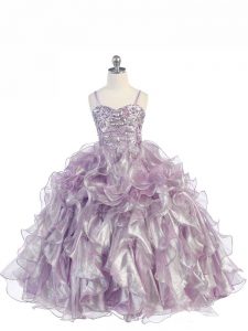 Floor Length Lavender Child Pageant Dress Spaghetti Straps Sleeveless Lace Up