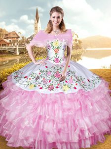 Stunning Rose Pink Sleeveless Embroidery and Ruffled Layers Floor Length Ball Gown Prom Dress