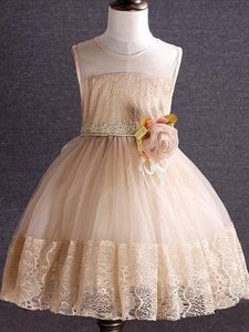 Sleeveless Tulle Knee Length Zipper Little Girl Pageant Gowns in Champagne with Lace and Hand Made Flower