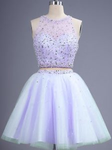Sophisticated Sleeveless Knee Length Beading Lace Up Damas Dress with Lavender