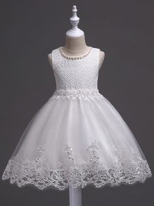 On Sale Ball Gowns Flower Girl Dress White Scoop Tulle Sleeveless Knee Length Zipper