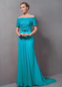 Low Price Short Sleeves Lace Zipper Mother of the Bride Dress with Aqua Blue Sweep Train
