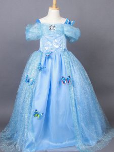 Short Sleeves Tulle Floor Length Side Zipper Kids Pageant Dress in Light Blue with Appliques