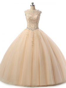 Champagne Scoop Neckline Beading and Lace Sweet 16 Quinceanera Dress Sleeveless Lace Up