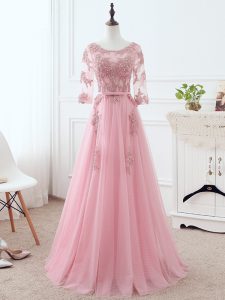 Glittering Floor Length Empire 3 4 Length Sleeve Pink Mother Dresses Lace Up