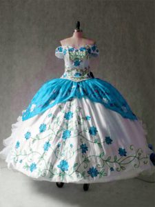 Free and Easy Off The Shoulder Cap Sleeves Lace Up 15 Quinceanera Dress Blue And White Organza and Taffeta