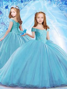 Adorable Beading Pageant Gowns For Girls Baby Blue Lace Up Cap Sleeves Brush Train
