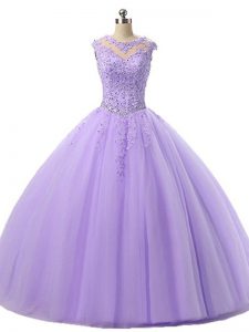 Great Sleeveless Floor Length Beading and Lace Lace Up Quinceanera Dress with Lavender