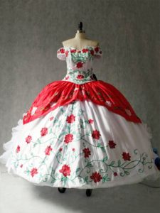 Luxurious Off The Shoulder Cap Sleeves Lace Up Sweet 16 Quinceanera Dress White And Red Organza and Taffeta