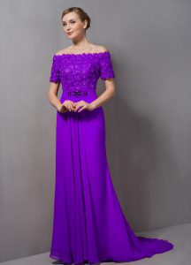 Short Sleeves Lace Zipper Mother Dresses with Eggplant Purple Sweep Train