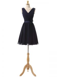 Sumptuous V-neck Sleeveless Court Dresses for Sweet 16 Mini Length Hand Made Flower Navy Blue Chiffon