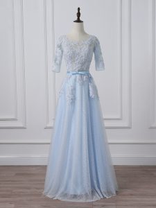 Light Blue Mother of Bride Dresses Prom and Party and Sweet 16 with Beading and Lace and Appliques Scoop 3 4 Length Sleeve Lace Up