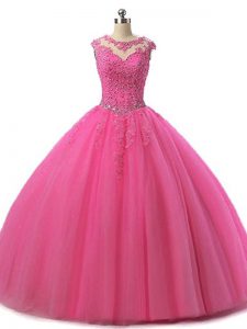 Most Popular Sleeveless Tulle Floor Length Lace Up Sweet 16 Dress in Hot Pink with Beading and Lace