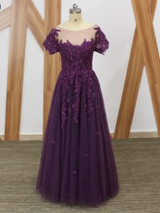 Floor Length Zipper Mother of Groom Dress Purple for Prom and Military Ball with Lace and Appliques