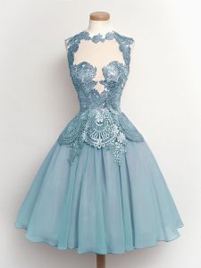 High-neck Sleeveless Lace Up Damas Dress Light Blue Chiffon