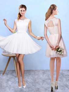 Custom Made White A-line Chiffon Scoop Sleeveless Lace and Appliques Knee Length Lace Up Vestidos de Damas