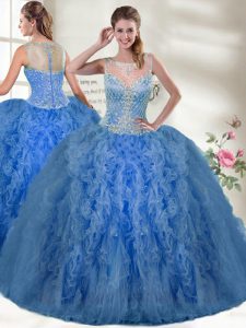 Designer Beading and Ruffles Quinceanera Gowns Blue Zipper Sleeveless Floor Length