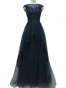 Navy Blue Sleeveless Floor Length Lace and Appliques Zipper Mother of Bride Dresses