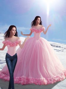 Adorable Tulle Off The Shoulder Sleeveless Brush Train Lace Up Hand Made Flower Quinceanera Dress in Baby Pink