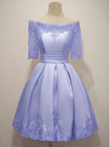 Beauteous A-line Court Dresses for Sweet 16 Lavender Off The Shoulder Taffeta Half Sleeves Knee Length Lace Up