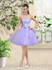 Off The Shoulder Sleeveless Damas Dress Knee Length Lace and Belt Lilac Organza