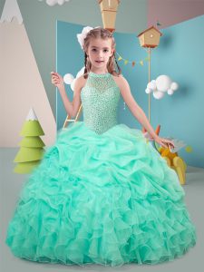 Latest Hot Pink and Apple Green Ball Gowns High-neck Sleeveless Organza Floor Length Lace Up Ruffles Child Pageant Dress