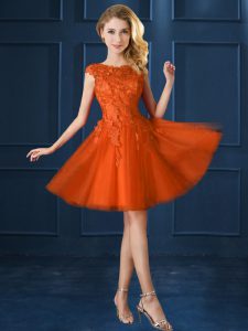 Cap Sleeves Knee Length Lace and Belt Lace Up Dama Dress with Orange Red