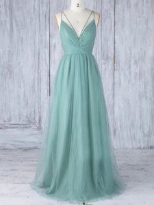 Top Selling Green Sleeveless Floor Length Appliques Criss Cross Quinceanera Court of Honor Dress
