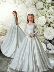 Noble Long Sleeves Taffeta Brush Train Clasp Handle Flower Girl Dresses in White with Lace
