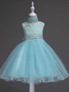 Custom Fit Scoop Sleeveless Zipper Flower Girl Dress Aqua Blue Organza