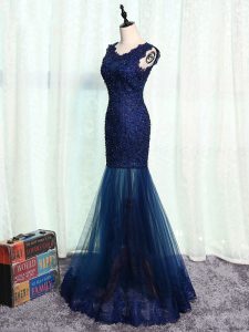 Navy Blue Scoop Zipper Beading and Lace and Appliques Mother of the Bride Dress Sleeveless