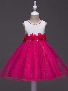 Popular Tulle Sleeveless Knee Length Custom Made Pageant Dress and Lace and Hand Made Flower