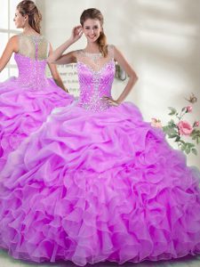 Lilac Organza Zipper Quinceanera Gowns Sleeveless Floor Length Beading and Ruffles