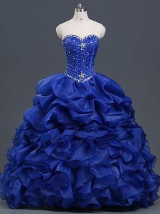 Royal Blue Ball Gowns Sweetheart Sleeveless Organza Floor Length Lace Up Beading and Ruffles and Pick Ups Sweet 16 Quinceanera Dress
