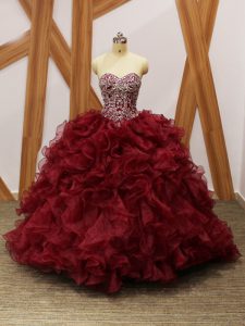 Beautiful Burgundy Sleeveless Brush Train Beading and Ruffles Sweet 16 Quinceanera Dress