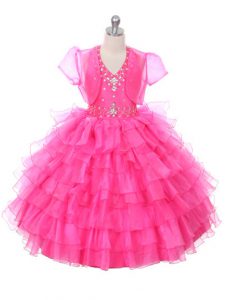 Sleeveless Organza Floor Length Lace Up Little Girl Pageant Dress in Hot Pink with Beading and Ruffled Layers