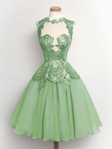 Vintage Green A-line Chiffon High-neck Sleeveless Lace Knee Length Lace Up Quinceanera Court of Honor Dress