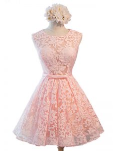 Best Selling Pink Scoop Neckline Belt Quinceanera Dama Dress Sleeveless Lace Up