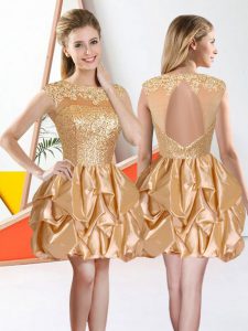 Beading and Lace and Ruffles Dama Dress for Quinceanera Champagne Backless Sleeveless Knee Length