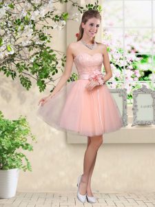 Peach A-line Tulle Sweetheart Sleeveless Lace and Belt Knee Length Lace Up Quinceanera Court Dresses