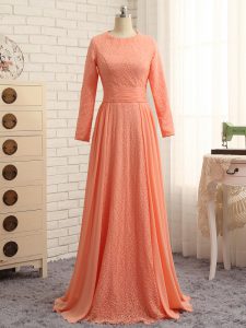 Long Sleeves Chiffon Floor Length Zipper Mother of Groom Dress in Orange with Lace