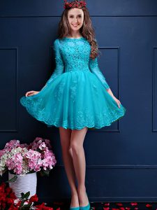 Excellent Aqua Blue Chiffon Lace Up Scalloped 3 4 Length Sleeve Mini Length Damas Dress Beading and Lace and Appliques